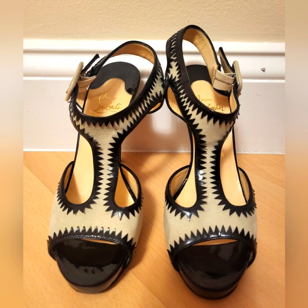 Christian Louboutin Black and Cream Cutout T-Strap Heels